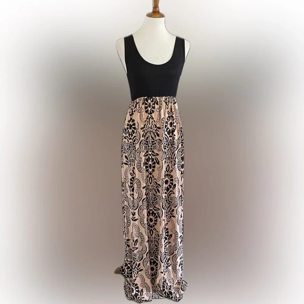 Black and Peach Floral and Swirl Maxi Dress - Picture 2 of 2